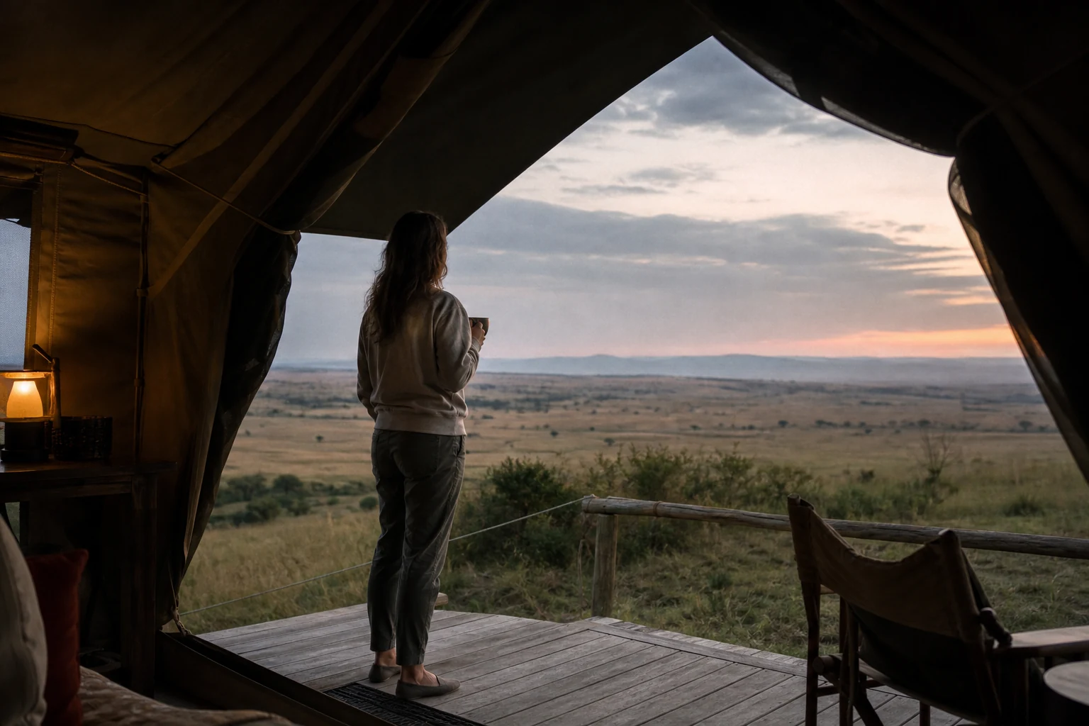 A traveller holding coffee at the open canvas entrance of a safari tent at first light