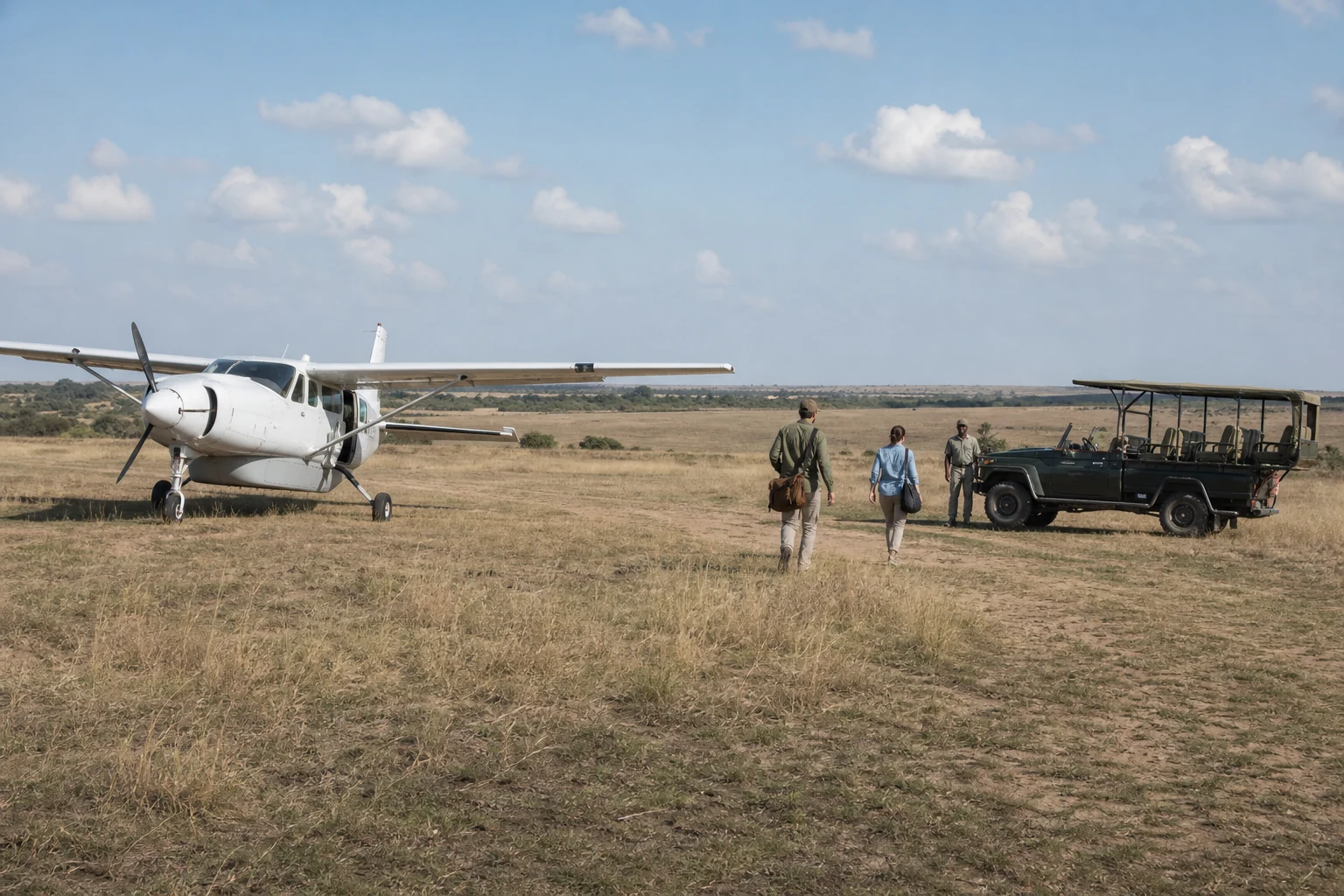 Travellers walking from a small bush aircraft towards a guide and waiting safari vehicle