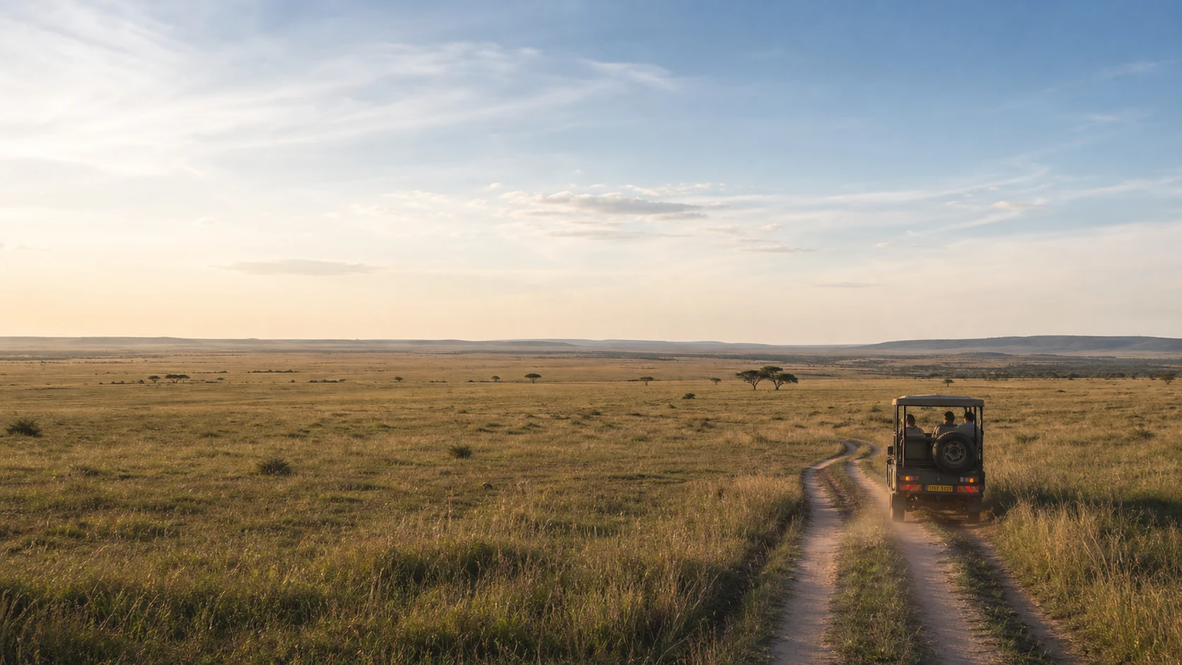 A safari vehicle travelling deeper into broad grassland along a track in late-afternoon light