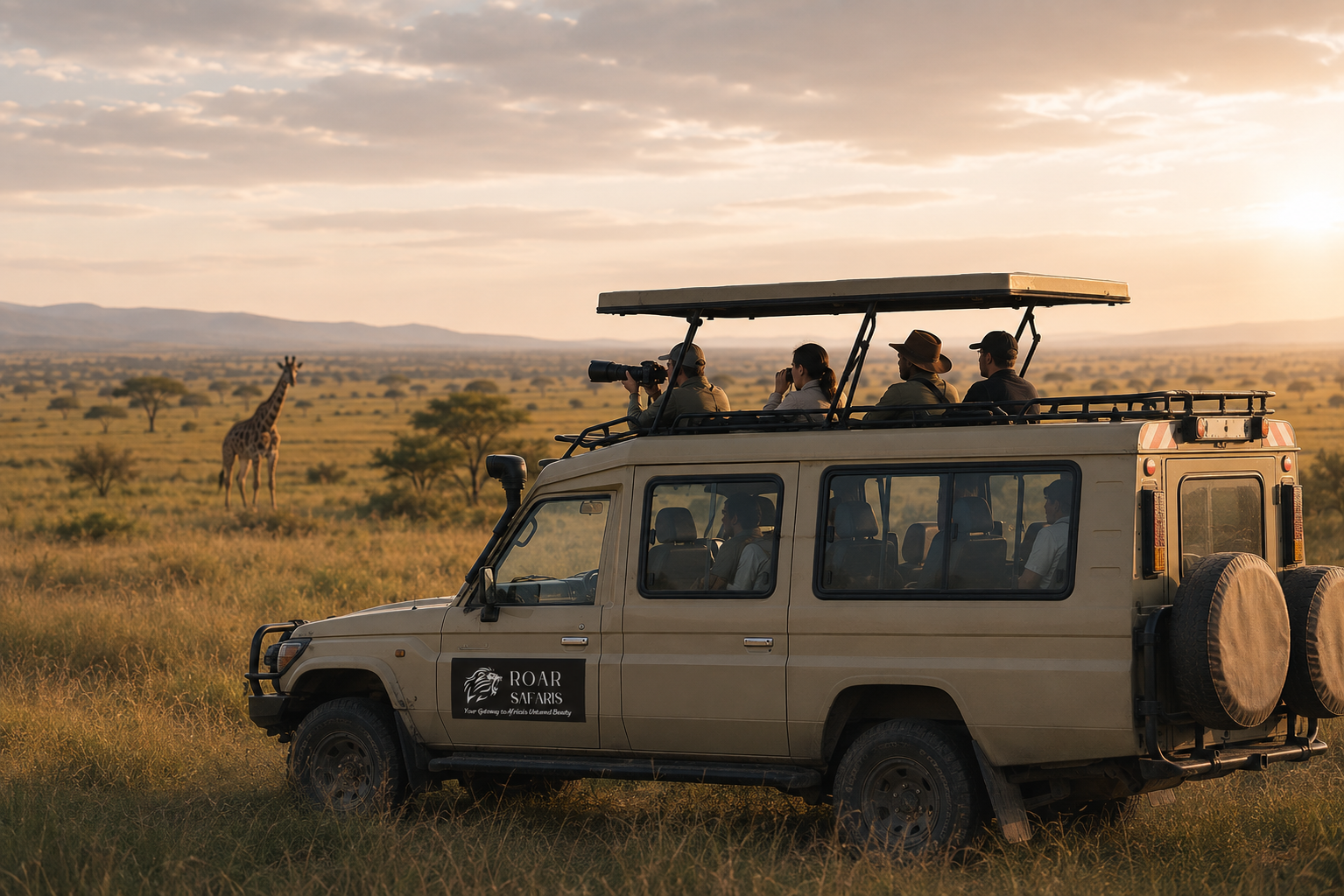 Travellers watch a distant giraffe from a Roar Safaris safari vehicle on open grassland