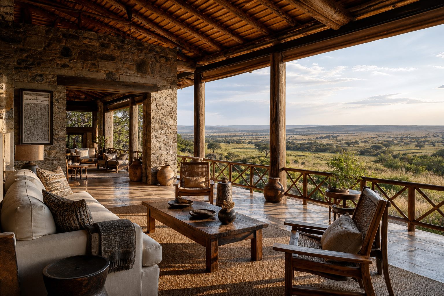 An open lodge veranda looking across broad grassland